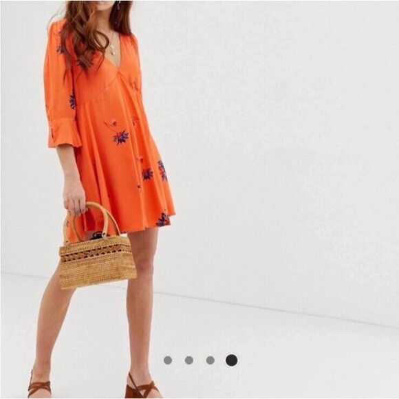 Free People S Mini Dress Surplice Wrap Floral Boho Hippie Peasant Orange Bell - Picture 2 of 8
